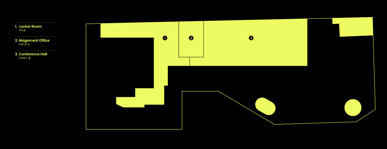 facility 3F : 입구에서 1. Locker Room 락커룸, 2.Magement Office 운영사무실, 3. Conference Hall 컨퍼런스 홀로 구성되어 있습니다.