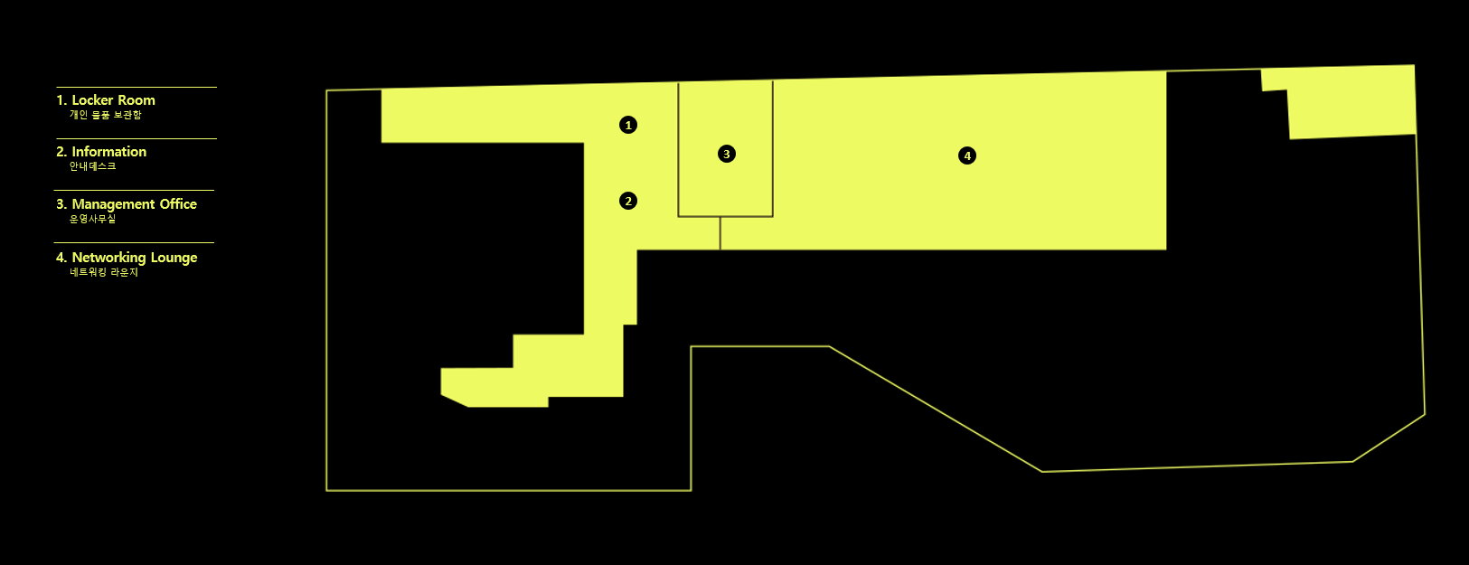 facility 3F : 입구에서 1. Locker Room 락커룸, 2. Information 안내 데스트, 3. Magement Office 운영사무실, 4. Networking Lounge 네트워킹 라운지 로 구성되어 있습니다.